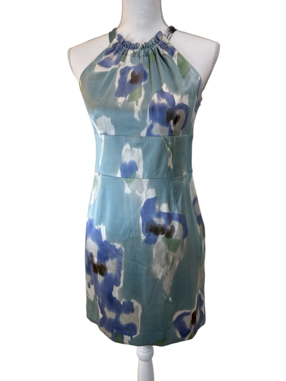 Ann Taylor Aqua Blue Floral Halter Midi Dress Sz 2P